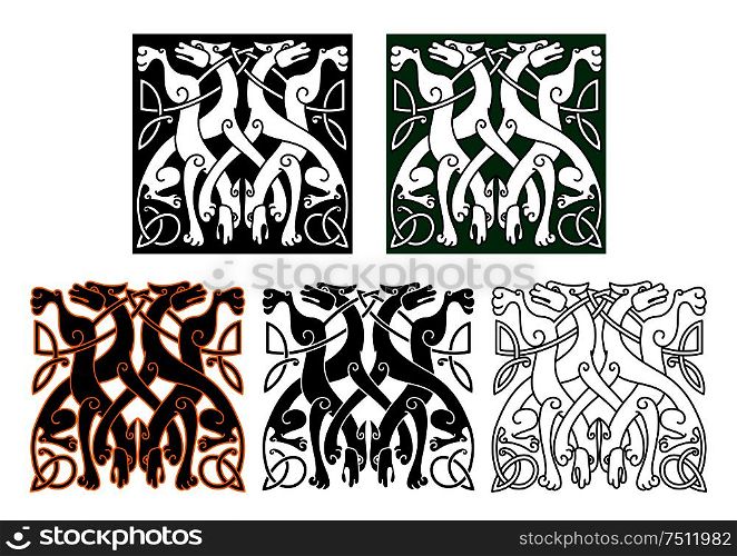 Vintage animal pattern with decorative wolves intertwining tails and legs, adorned by celtic knot ornamental elements for tattoo or medieval art design. Vintage ornament with celtic wolves