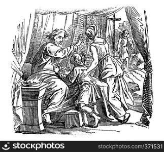 Vintage antique illustration and line drawing or engraving of biblical story about Issac giving blessing to Jacob instead of Esau.From Biblische Geschichte des alten und neuen Testaments, Germany 1859.Genesis 25 19-34.. Vintage Drawing of Old Man Giving Blessing to Boy, Biblical Story About Issac, Jacob and Esau