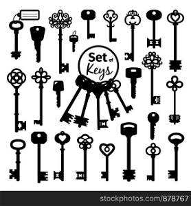 Vintage antique key collection isolated on white background. Vector old victorian keys black silhouettes for doors and cars. Vintage antique key collection