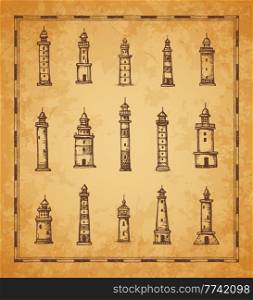 Vintage antique map vector lighthouse and beacon sketch elements. Ocean beach buildings of old light houses and beacon towers with striped pattern on grunge parchment paper background. Antique map elements, lighthouse, beacon sketches