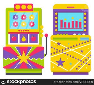 Vintage arcades, retro game machine with colorful flowers and fruits isolated on white. Old school entertainment, gamebox device gaming room vector. Two Colorful Retro Arcade Game Machines Vector