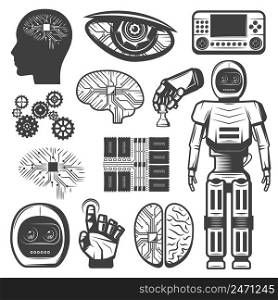 Vintage artificial intelligence icons set with robotic cybernetic elements body parts cyborg and microchip isolated vector illustration. Vintage Artificial Intelligence Icons Set