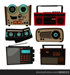 Vintage audio recorders isolated on white. Vector music audio, retro tape and recorder stereo illustration. Vintage audio recorders isolated on white