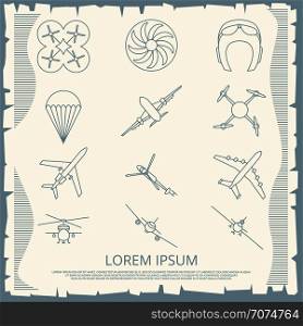 Vintage aviation thin line icons collection. Air transport, vector illustration. Vintage aviation thin line icons collection