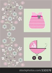 Vintage baby shower invitation card with ornate elegant retro abstract floral design, pink white and green flowers on gray with baby carriage and dress. Vector illustration.