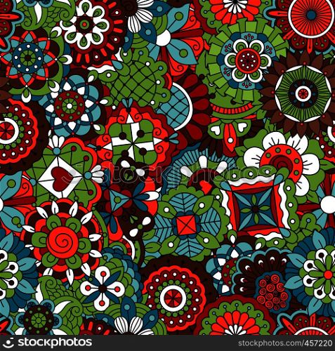 Vintage background colored red green and brown with geometric flowers and other patterns. Vintage background colored red and green