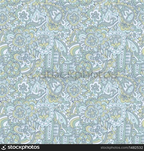 Vintage background Flower retro art ethnic seamless design surface. Pastel floral doodle paisley pattern.. Doodle flower vector background cute vintage seamless pattern