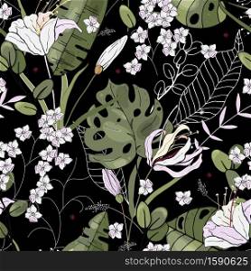 Vintage background. Wallpaper. Blooming realistic isolated flowers. Hand drawn. Vector illustration. Trendy Seamless flower pattern.. Trendy Seamless flower pattern. Vintage background. Wallpaper. Blooming realistic isolated flowers. Hand drawn. Vector illustration.
