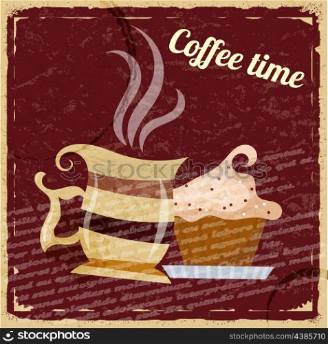 Vintage background with a cup of coffee and cake