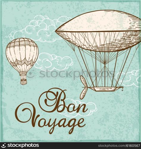 Vintage background with air balloons flying in the sky. Hand drawn vector illustration.