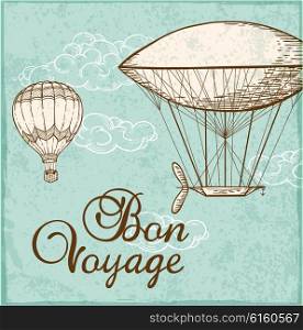 Vintage background with air balloons flying in the sky. Hand drawn vector illustration.