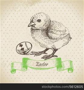 Vintage background with Easter chick. Hand drawn illustration