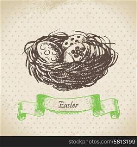 Vintage background with Easter eggs and nest. Hand drawn illustration