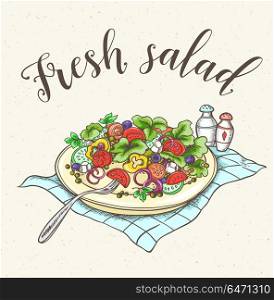 Vintage background with fresh vegetable salad on a plate. Hand drawn vector illustration.. Fresh vegetable salad on a plate