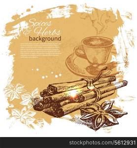 Vintage background with hand drawn sketch herbs and spices. Menu design