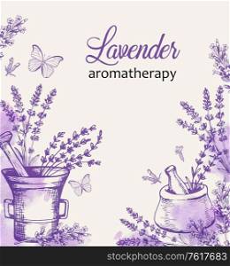 Vintage background with lavender flowers and butterflies. Spa and aromatherapy ingredients. Hand drawn vector illustration.
