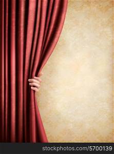Vintage background with red old curtain and hand. Vector illustration