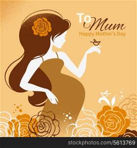Vintage background with silhouette of beautiful pregnant woman. Cards of Happy Mother&rsquo;s Day