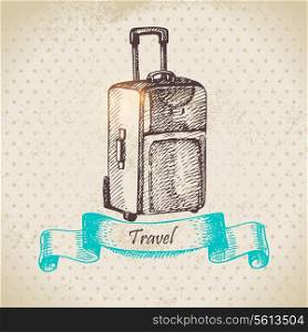 Vintage background with travel suitcase. Hand drawn illustration