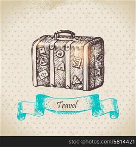 Vintage background with travel suitcase. Hand drawn illustration