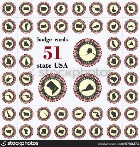 Vintage badge cards of State USA. Stylized label sticker with the name of the State, year of creation, the contour maps and the names abbreviations.