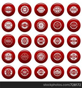 Vintage badges and labels stamp icons set. Simple illustration of 25 vintage badge and label stamps vector icons red isolated. Vintage badges and labels icons set vetor red