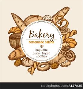 Vintage bakery frame with hand drawn pastry and bread set vector illustration. Vintage Bakery Frame