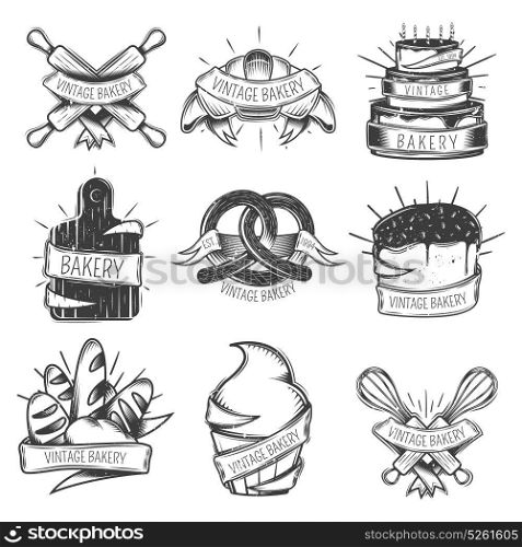 Vintage Bakery Icon Set. Black isolated vintage bakery icon set with ribbons and place for headlines vector illustration