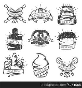 Vintage Bakery Icon Set. Black isolated vintage bakery icon set with ribbons and place for headlines vector illustration