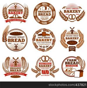 Vintage bakery vector labels with wheat ears and bread symbols. Bakery vintage badge and emblem illustration. Vintage bakery vector labels with wheat ears and bread symbols