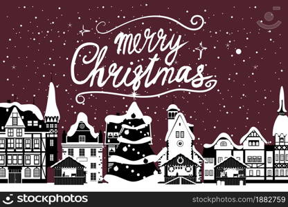 Vintage banner Merry Christmas, winter Europe old town cityscape. Urban landscape greeting card. Vector illustration cartoon retro style isolated. Vintage banner Merry Christmas, winter Europe old town cityscape. Urban landscape greeting card. Vector illustration cartoon retro style