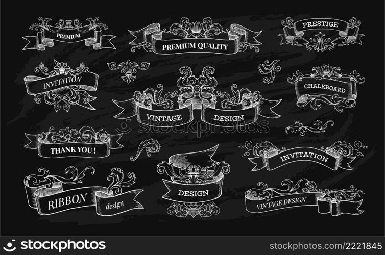 Vintage banner on chalkboard. Retro scroll label engraving for books, store and restaurant menu. Swirl ribbons and decorative elements. Premium quality stickers. Vector antique heraldic borders set. Vintage banner on chalkboard. Retro scroll label engraving for books, store and restaurant menu. Swirl ribbons and decorative elements. Premium stickers. Vector heraldic borders set