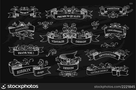 Vintage banner on chalkboard. Retro scroll label engraving for books, store and restaurant menu. Swirl ribbons and decorative elements. Premium quality stickers. Vector antique heraldic borders set. Vintage banner on chalkboard. Retro scroll label engraving for books, store and restaurant menu. Swirl ribbons and decorative elements. Premium stickers. Vector heraldic borders set
