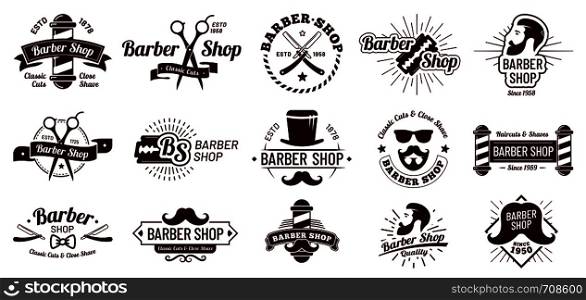 Vintage barber badges. Gentleman haircut styling, barbershop razor and shave salon. Mans hair haircuts badge, barbering logo or gentleman hairdresser badge. Vector illustration isolated icons set. Vintage barber badges. Gentleman haircut styling, barbershop razor and shave salon. Mans hair haircuts badge vector illustration set