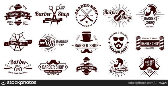 Vintage barber badges. Gentleman haircut styling, barbershop razor and shave salon. Mans hair haircuts badge, barbering logo or gentleman hairdresser badge. Vector illustration isolated icons set. Vintage barber badges. Gentleman haircut styling, barbershop razor and shave salon. Mans hair haircuts badge vector illustration set