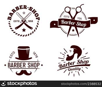 Vintage barber badges set for fashion hairstyle. Vector barber grooming badge, hairdresser barbershop stickers illustration. Vintage barber badges set for fashion hairstyle