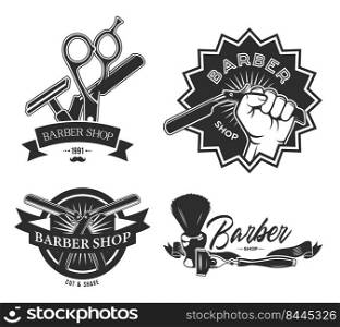 Vintage barbershop flat labels set. Monochrome emblems with barber pole scissors, shaving brush and hand holding razors vector illustration collection. Male beauty and self-care concept