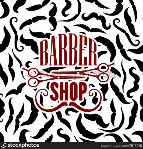 Vintage barbershop icon with scissors and thin curled mustaches below. Great for hairdressing salon, beauty parlor, fashion theme design . Barbershop symbol with scissors and moustaches