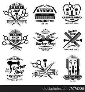 Vintage barbershop vector emblems and labels. Barber badges and logos. Barbershop logo and barber shop vintage label and badge illustration. Vintage barbershop vector emblems and labels. Barber badges and logos