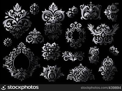 Vintage baroque ornament. Ornate floral sprigs pattern, luxury damask ornaments and victorian twill damasks patterns. Flower baroque decorative frames, royal antique decor. Vector isolated icons set. Vintage baroque ornament. Ornate floral sprigs pattern, luxury damask ornaments and victorian twill damasks patterns vector set