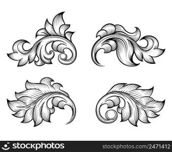 Vintage baroque scroll leaf set in engraving style element, ornate decoration, filigree floral. Vector illustration. Vintage baroque scroll leaf set in engraving style