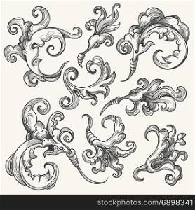 Vintage Baroque Victorian floral ornament leaf scroll set drawn in engraved retro style. Calligraphic vector heraldic shield swirls