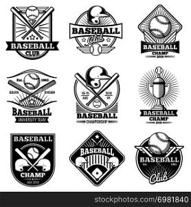 Vintage baseball vector labels and emblems. Baseball label design for school league illustration. Vintage baseball vector labels and emblems