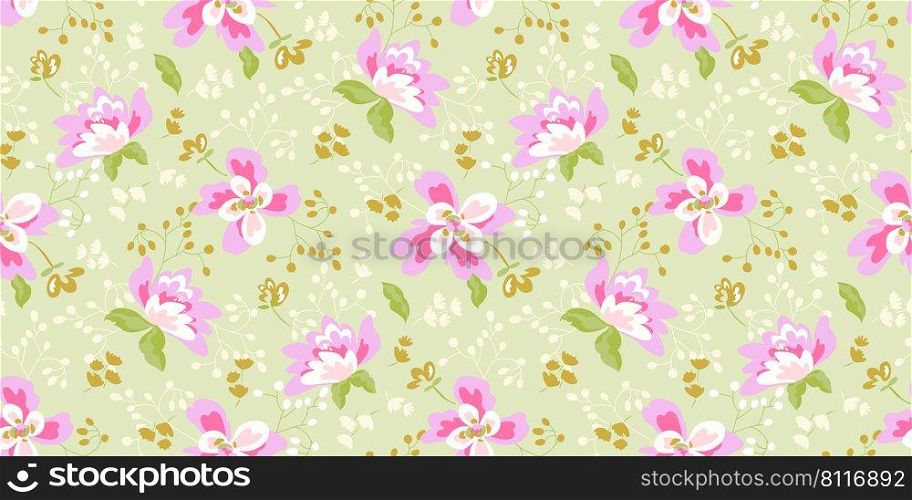 Vintage beautiful floral seamless pattern design, pretty pink flowers and green leaves on a pastel green background