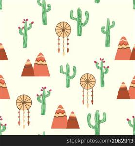 Vintage beautiful seamless desert pattern illustration. Landscape with a cactus, mountains, clouds, dreamcatcher. Vintage beautiful seamless desert pattern illustration. Landscape with cactus, mountains, clouds, dreamcatcher