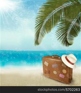 Vintage beautiful seaside background with suitcase and a hat. Vector