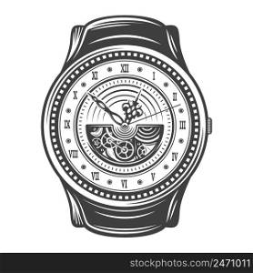 Vintage beautiful watches design concept in monochrome style on white background isolated vector illustration. Vintage Beautiful Watches Design Concept