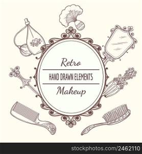 Vintage beauty frame with hairbrush and mirror, perfume and hairpin. Fashion vintage beauty frame vector illustration. Vintage beauty frame