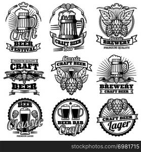 Vintage beer drink bar vector labels. Retro brewery emblems and logos with hops and mug. Brewery drink emblem beer illustration. Vintage beer drink bar vector labels. Retro brewery emblems and logos with hops and mug