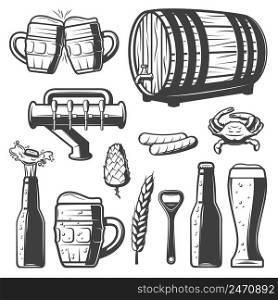 Vintage beer elements collection with clinking mugs bottle glass tap wheat hop crab opener barrel sausage isolated vector illustration . Vintage Beer Elements Collection